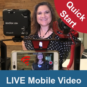 Photo of Jennifer Navarrete using mobile video setup at an event. In upper right corner white text with red background "Quick Start".